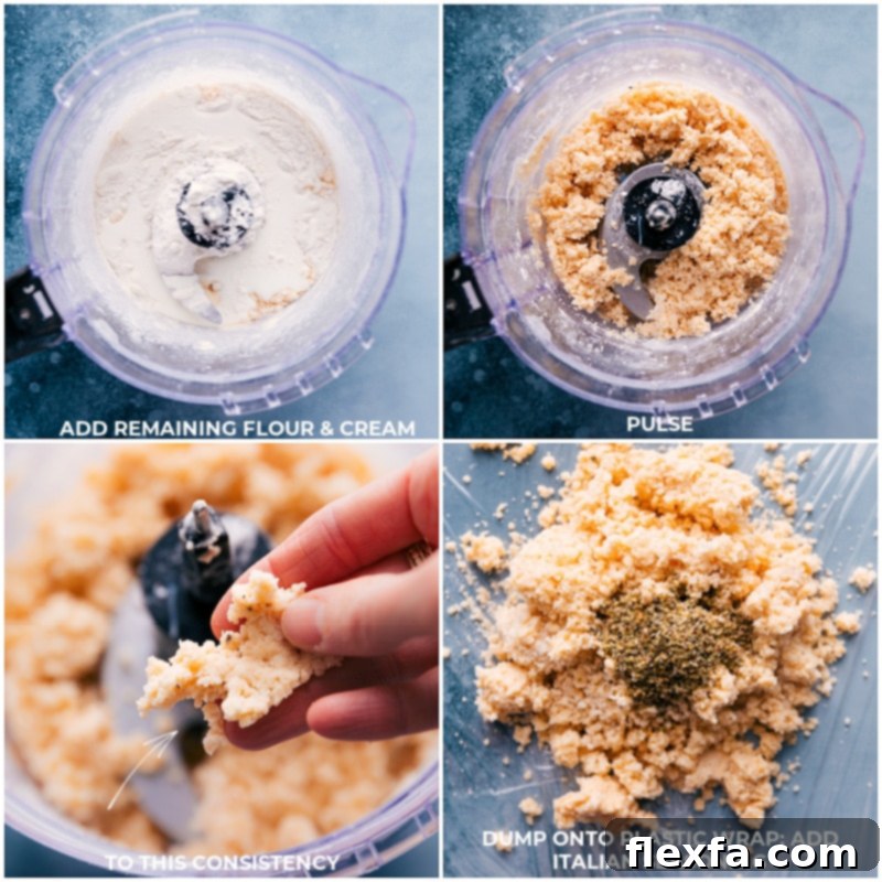 Process shots of Homemade Crackers: dough being rolled out, Italian seasoning added, and dough placed onto plastic wrap.