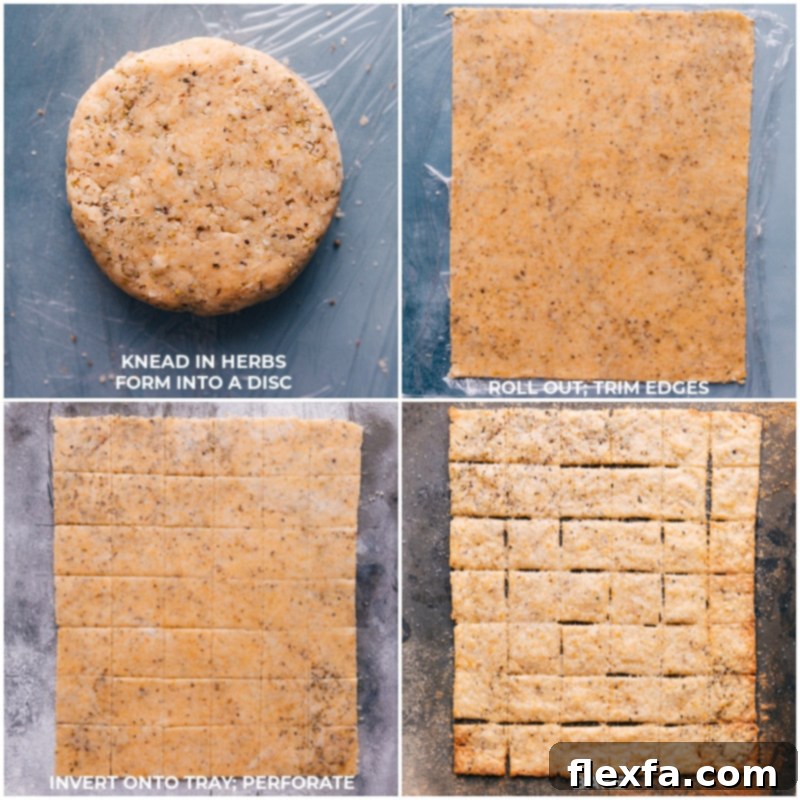 Process shots of Homemade Crackers: dough being rolled out, cut into squares, and then baked until golden.