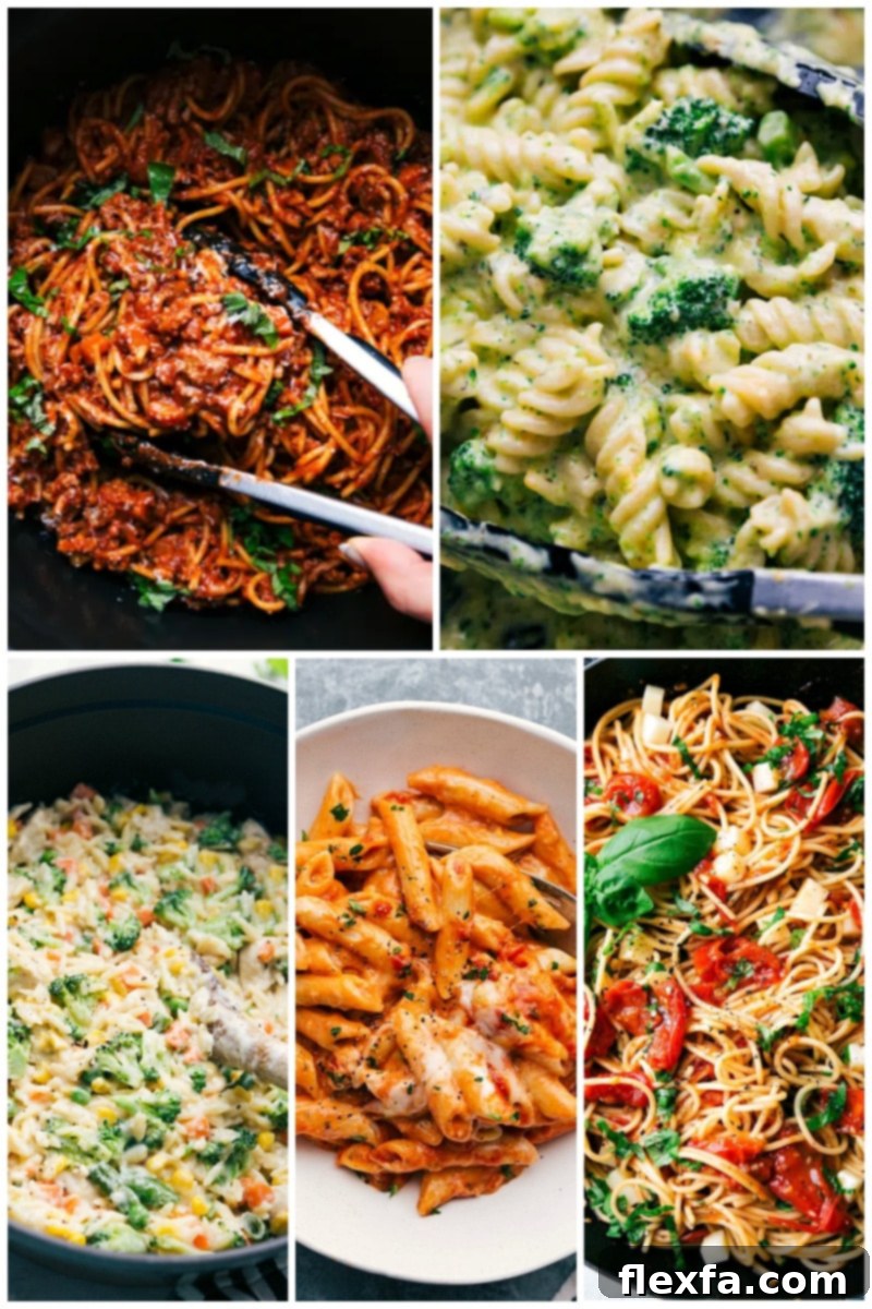 Collage of simple and quick pasta recipes for easy weeknight dinners