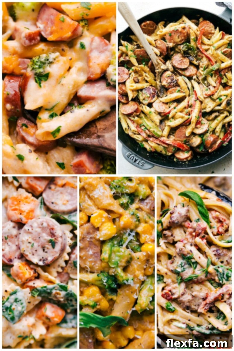 Collage of delicious and savory sausage pasta recipes