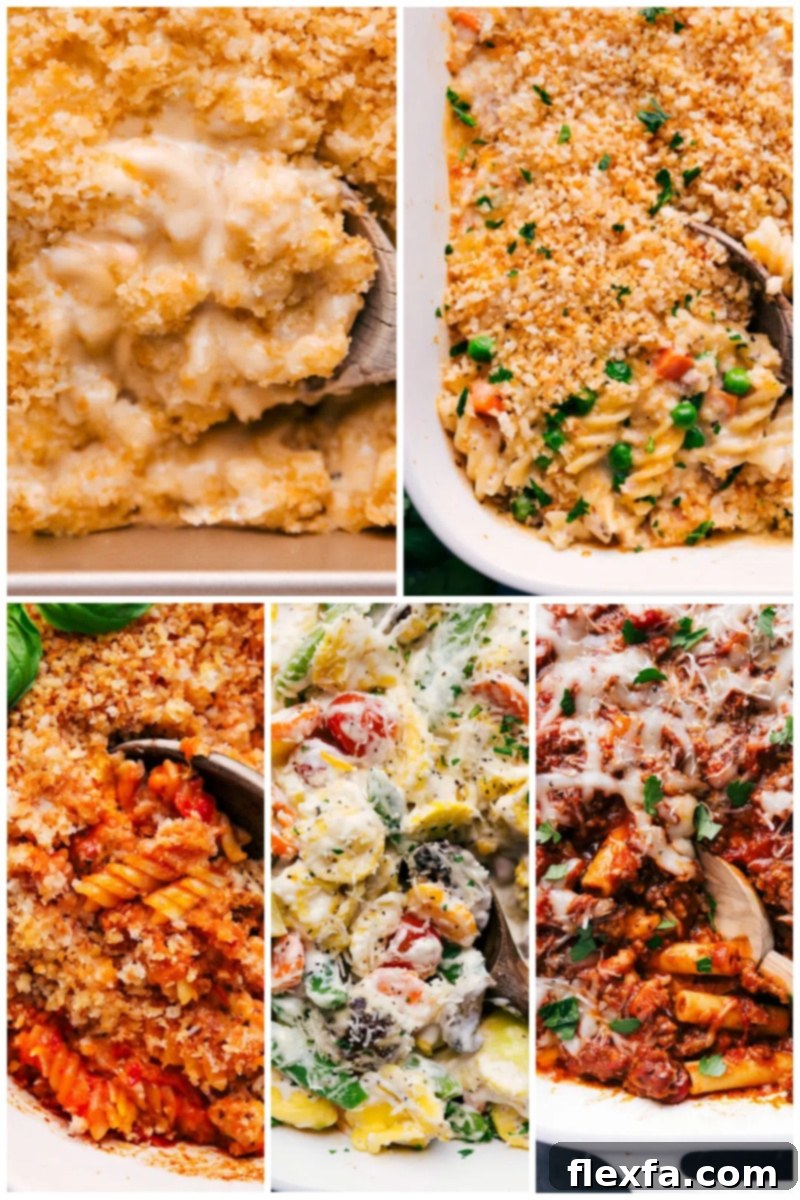 Collection of comforting baked pasta casserole dishes