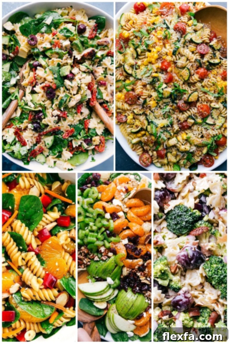 Collage of vibrant and fresh pasta salad recipes for gatherings