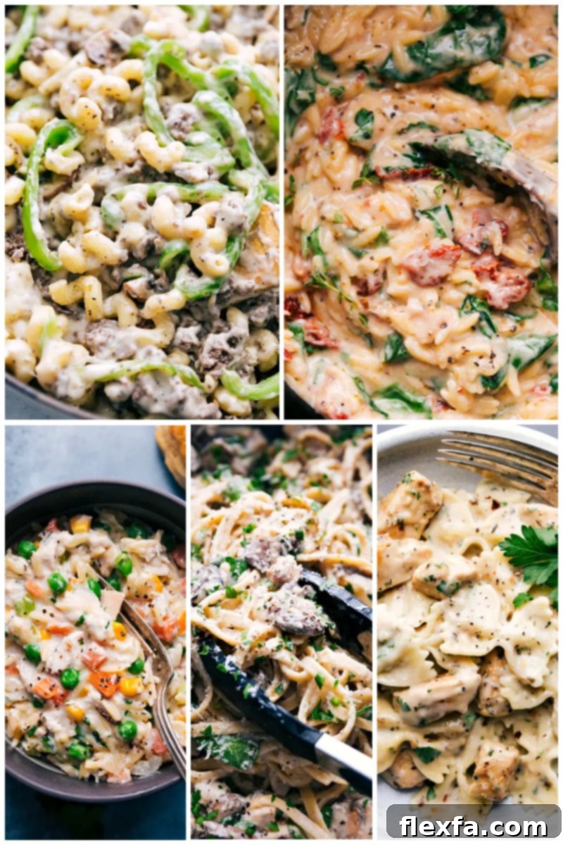 Collage of rich and creamy comfort food pasta recipes
