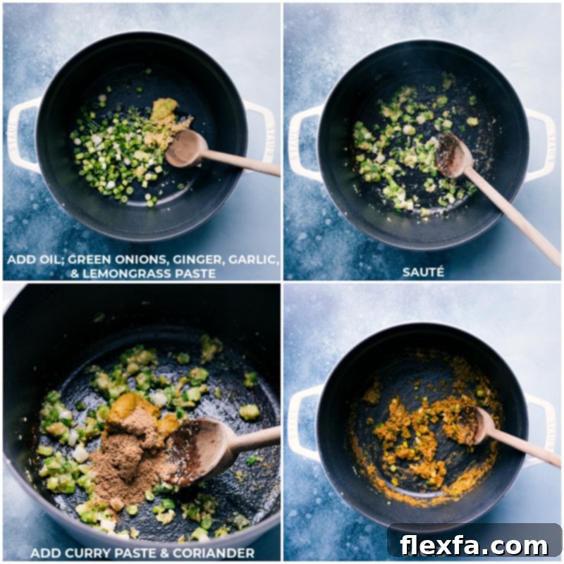Process shots showing oil, green onions, ginger, garlic, lemongrass, curry paste, and coriander being added to a pot and sautéed
