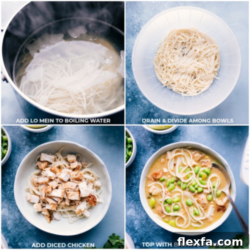 Process shots showing lo mein noodles and cooked chicken being added and mixed into the Green Curry Noodle Soup