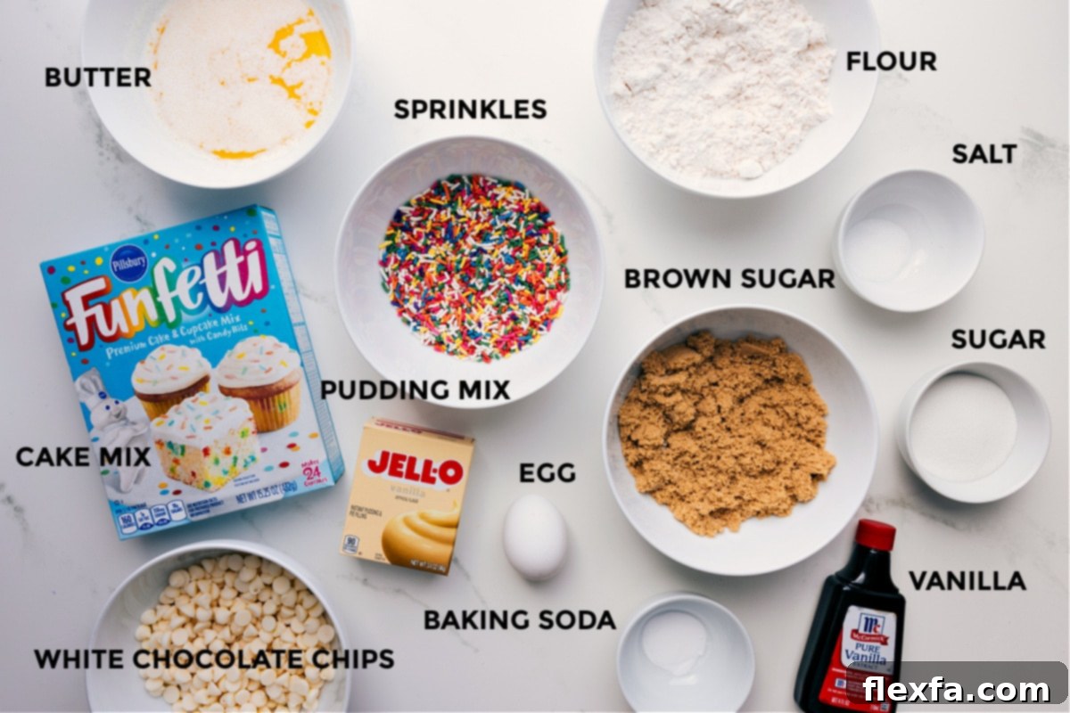 All essential ingredients for cake batter cookies laid out: butter, cake mix, sprinkles, pudding mix, flour, salt, sugar, brown sugar, vanilla extract, baking soda, and white chocolate chips.