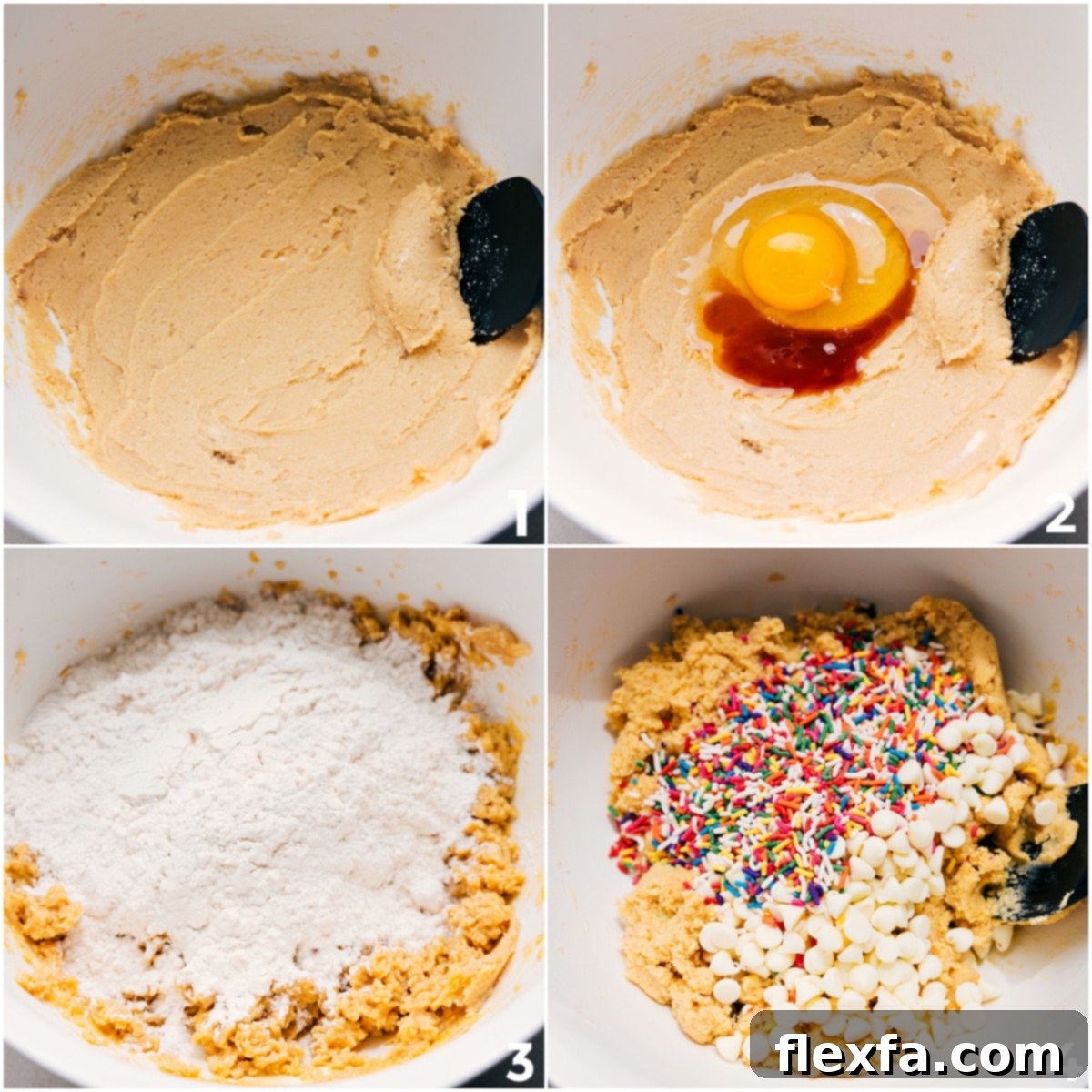 Mixing the cake batter cookie dough, showing wet and dry ingredients combined, followed by sprinkles and white chocolate chips being folded in.
