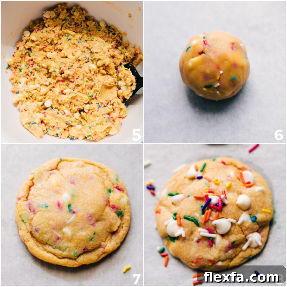 Freshly baked Cake Batter Cookie dough rolled and topped with extra sprinkles and chocolate chips, cooling on a baking sheet.