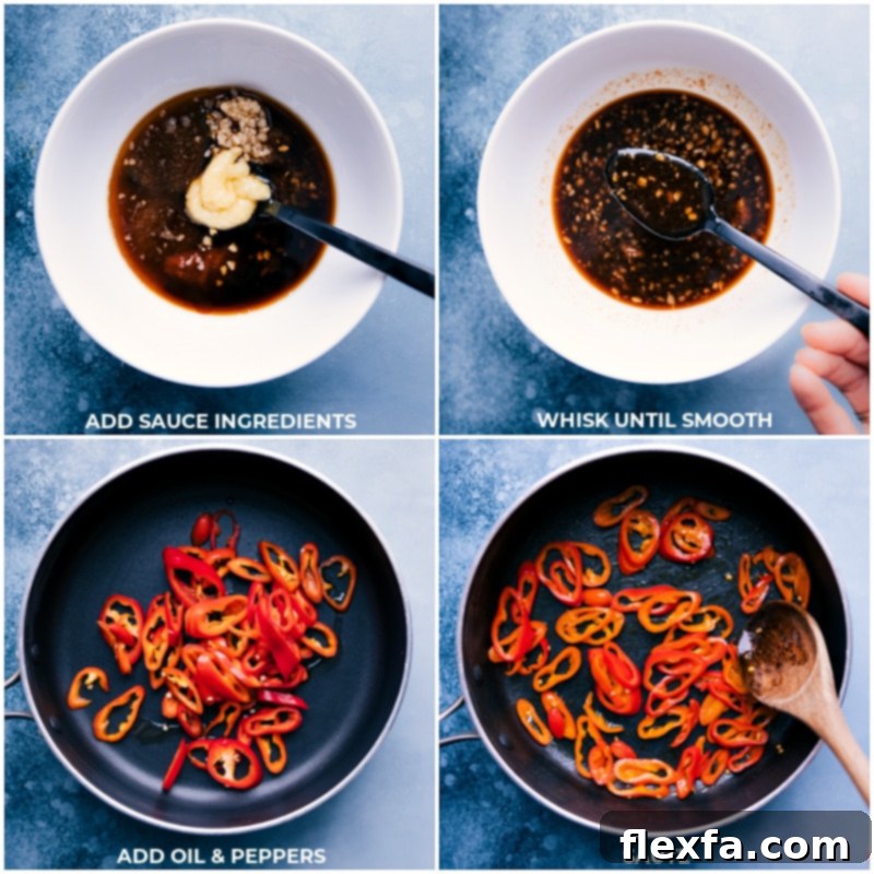 A step-by-step visual of the Cashew Chicken preparation: the sauce being whisked in a bowl and thinly sliced red bell peppers sizzling in a hot skillet.