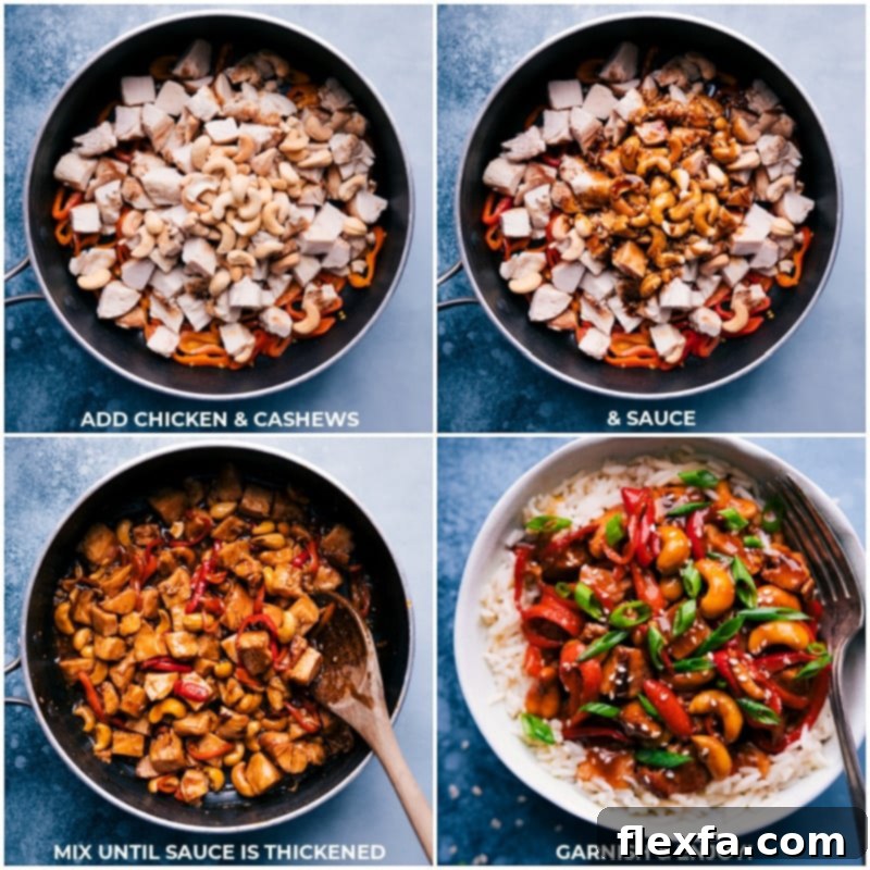 Cooked chicken and roasted cashews being tossed with the sauce in a skillet, creating a harmonious and flavorful stir-fry.