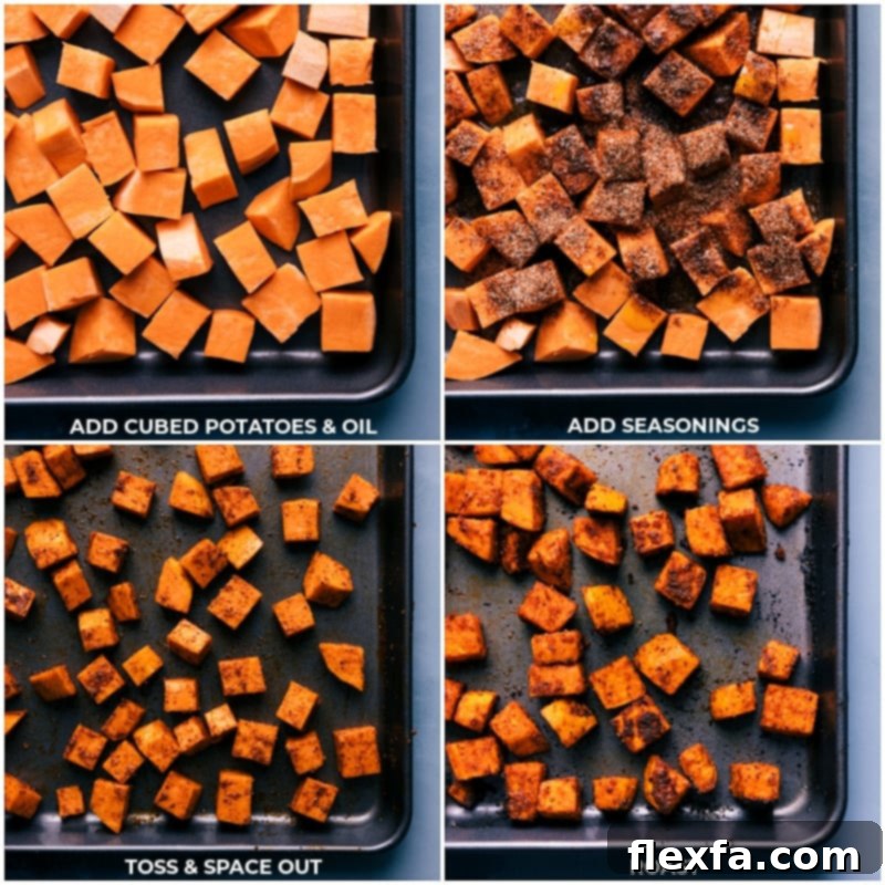 Preparation for the Ultimate Nourish Bowl: Sweet Potatoes Seasoned and Ready to Roast for Maximum Flavor and Texture. Process shots showing sweet potato chunks being seasoned with spices and olive oil on a baking sheet, ready for roasting.