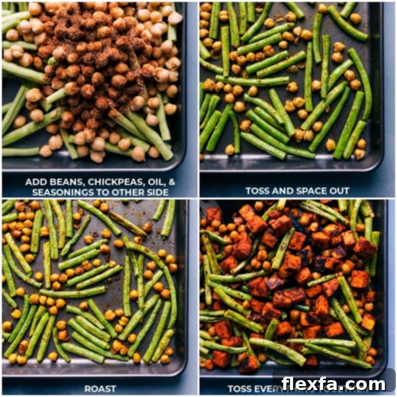 Building Flavor: Green Beans and Chickpeas Seasoned and Roasted to Perfection for a Delicious Nourish Bowl. Process shots of Nourish Bowls: Green beans, chickpeas, and seasoning being added to a sheet pan, tossed with olive oil, and roasted until perfectly tender-crisp.