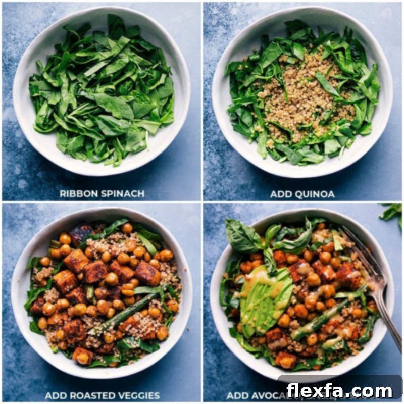 Assembling Your Dream Nourish Bowl: Layers of Freshness, Hearty Roasted Ingredients, and Irresistible Dressing. Process shots of assembling Nourish Bowls: Cooked spinach and quinoa forming the base, topped with roasted vegetables, avocado slices, fresh basil, and a generous drizzle of hot honey mustard sauce.