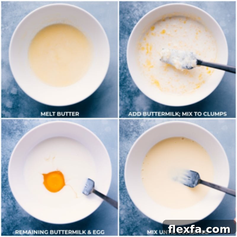 Process shots showing melted butter being combined with cold buttermilk, creating small clumps, followed by images of buttermilk and an egg being whisked together.