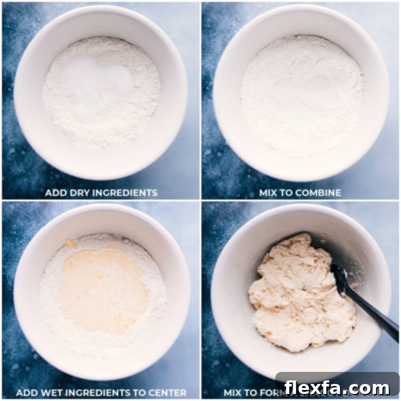 Process shots of No-Yeast Bread demonstrating dry ingredients being mixed, followed by the two buttermilk mixtures being added and combined into the dough.