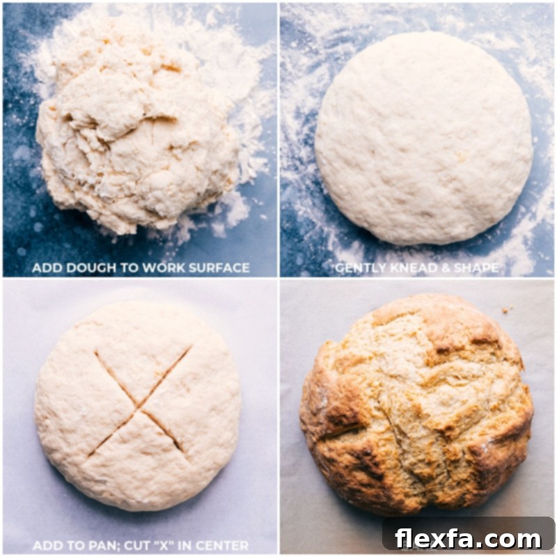 Process shots showing the no-yeast bread dough being gently kneaded into a ball, an 'X' being cut into its center, and the finished loaf after baking.