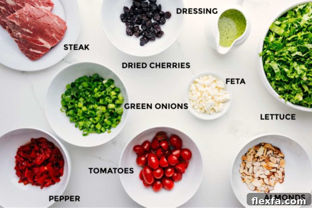 Steak Salad Preparation: Grilling Meat, Slicing, and Crafting the Dressing Steak Salad Preparation: Grilled steak sliced, various fresh vegetables in bowls, and a jar of homemade dressing ready for mixing
