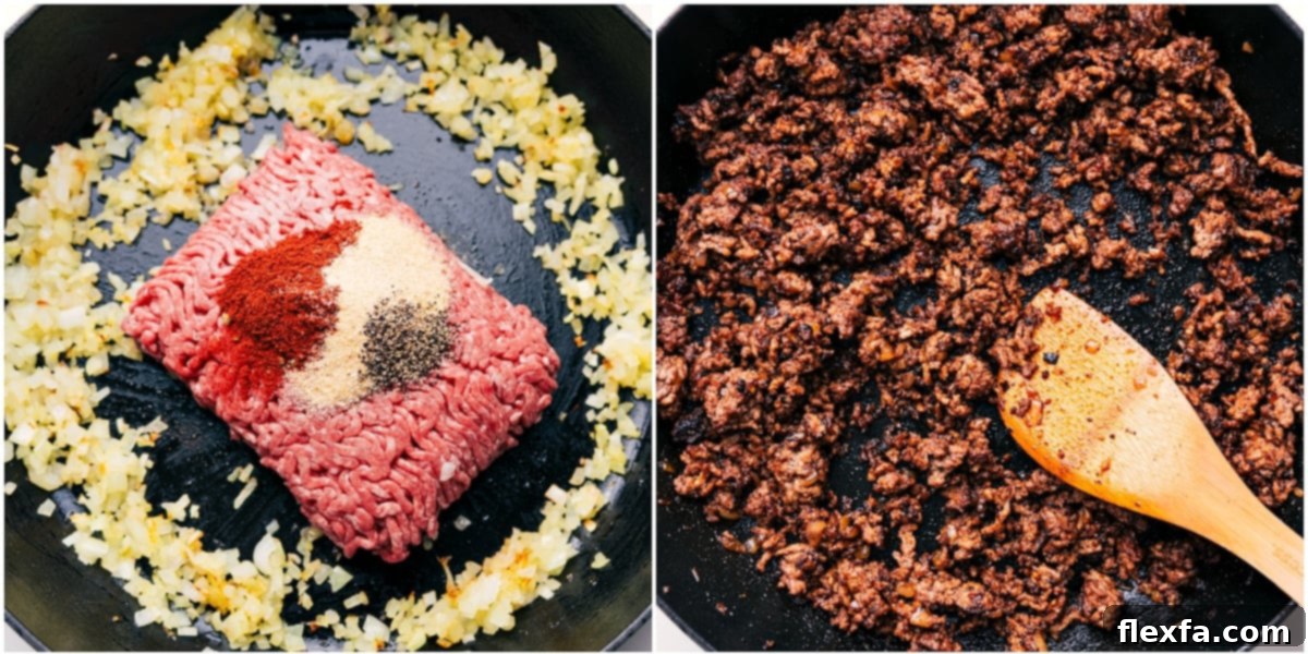 Ground beef cooking in a large cast-iron skillet with diced onions and a blend of seasonings, browning evenly to form a flavorful base for the Burger Bowl.