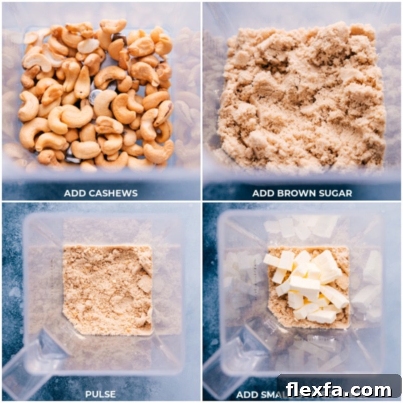 Process shots showing cashews and brown sugar being added to a blender, followed by blending and the addition of butter cubes