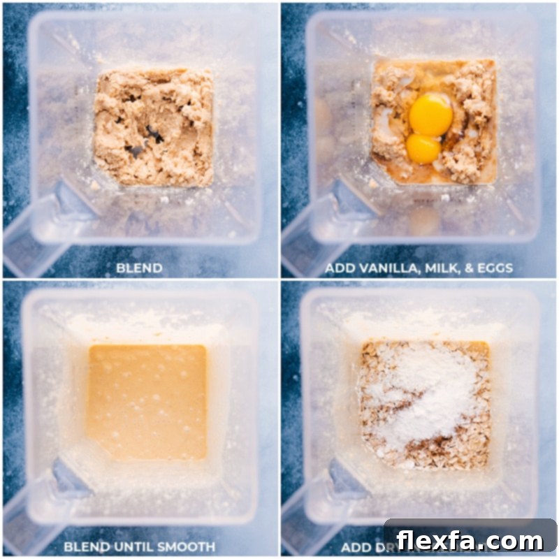 Process shots of Cashew Cake showing vanilla, milk, eggs, and dry ingredients being added to the blender