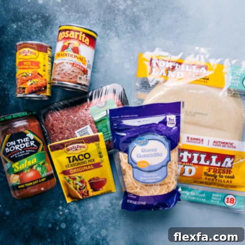 A flat lay image displaying all the fresh ingredients required to make the delicious Tortilla Pie, including tortillas, ground beef, beans, salsa, and cheese.