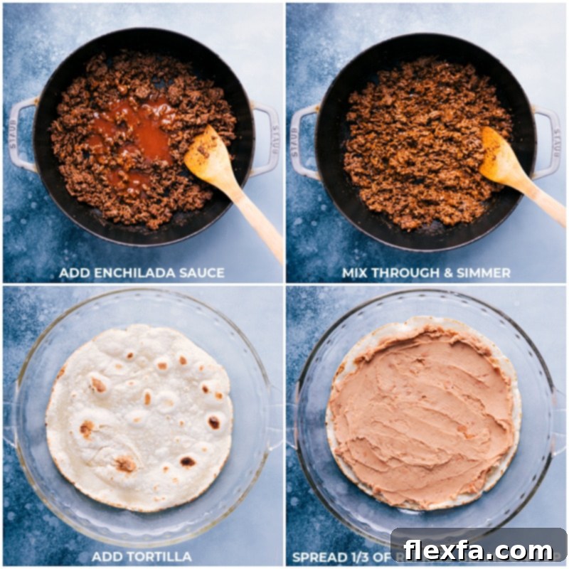 Process shots illustrating the layering of ingredients in the Tortilla Pie: a tortilla base, followed by a layer of refried beans, and then seasoned ground beef.