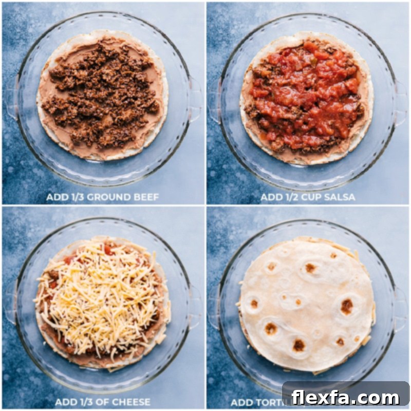 Process shots demonstrating the final layers of the Tortilla Pie being assembled: salsa and cheese are added on top of the meat and bean layers, ready for repetition.