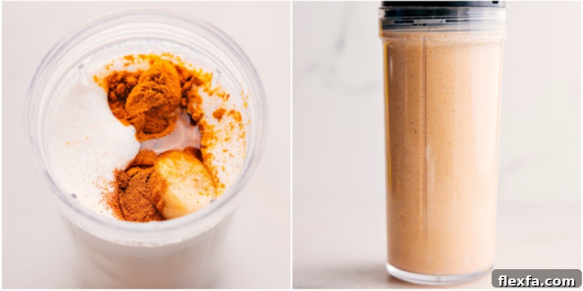 The Easiest and Most Delicious Golden Milk Smoothie Being Blended All golden milk smoothie ingredients are now in the blender, actively blending to create a smooth and creamy beverage.