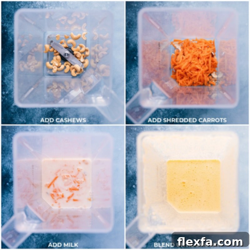 Close-up shot of cashews, freshly shredded carrots, and plant-based milk being added to a high-speed blender, illustrating the first step of preparing the Carrot Smoothie.