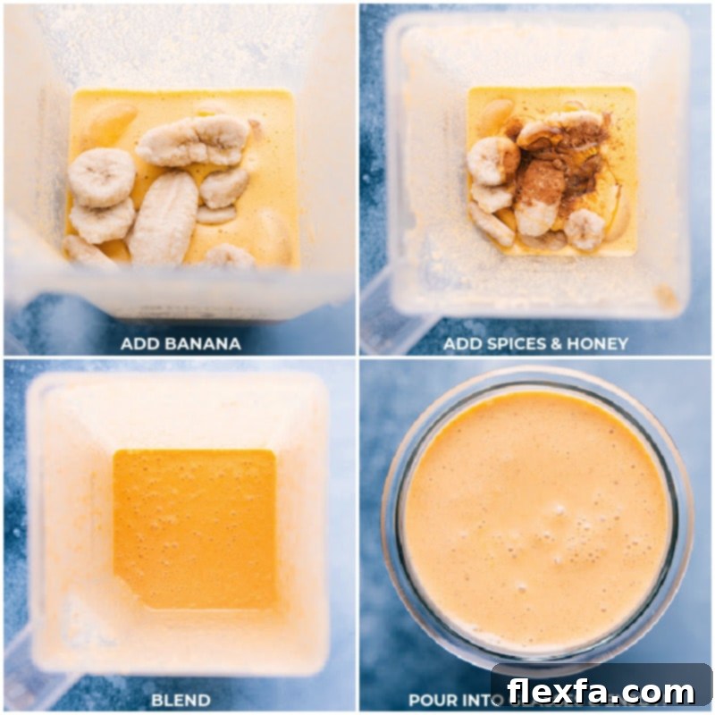 The final steps of making the Carrot Smoothie: adding banana, spices, and honey to the blender, then blending until smooth, and finally pouring the creamy drink into a glass to enjoy immediately.