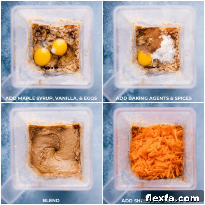Process shot showing key ingredients like maple syrup, vanilla, eggs, baking agents, and spices being added to a blender, ready to be combined for the healthy carrot muffins.