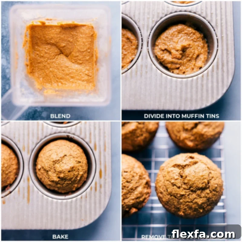 Process shots illustrating the blended muffin batter being transferred into muffin tins and then baking in the oven until golden.