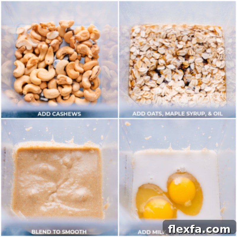 Process images showing cashews, oats, maple syrup, coconut oil, almond milk, vanilla, and eggs being added to a blender for the carrot cake batter.