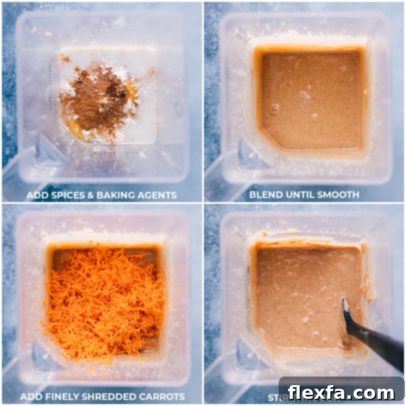 Process images of gluten-free carrot cake showing spices, baking agents, and finely shredded carrots being incorporated and blended into the batter.