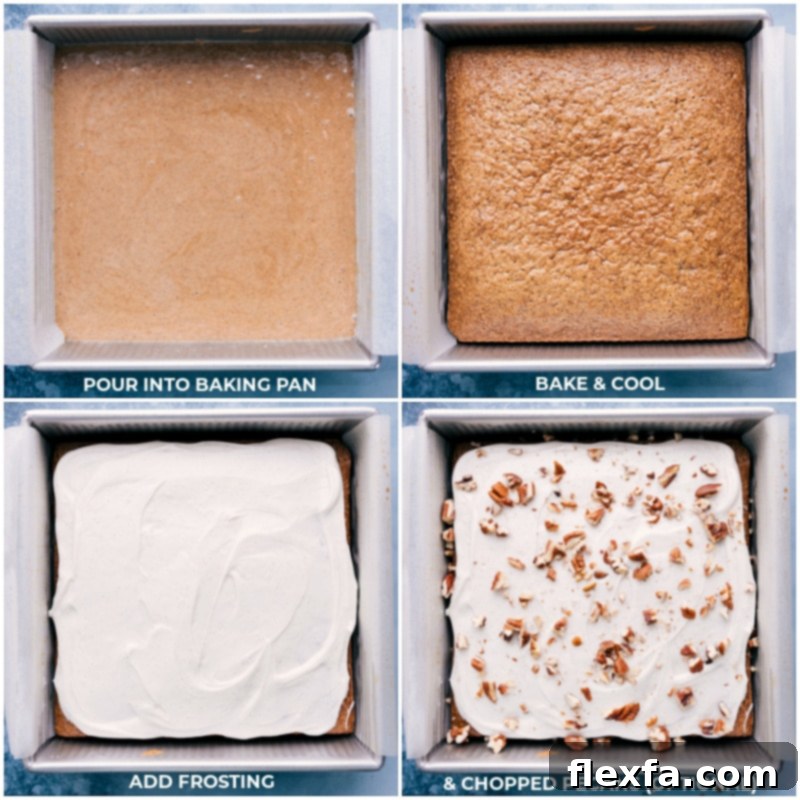 Process images showing the gluten-free carrot cake batter being poured into a pan, then baked, and finally frosted with cream cheese icing.
