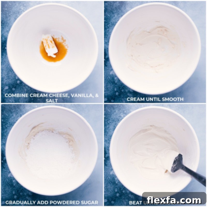 Process images showing cream cheese, vanilla extract, salt, and powdered sugar being beaten together to create the frosting for the gluten-free carrot cake.