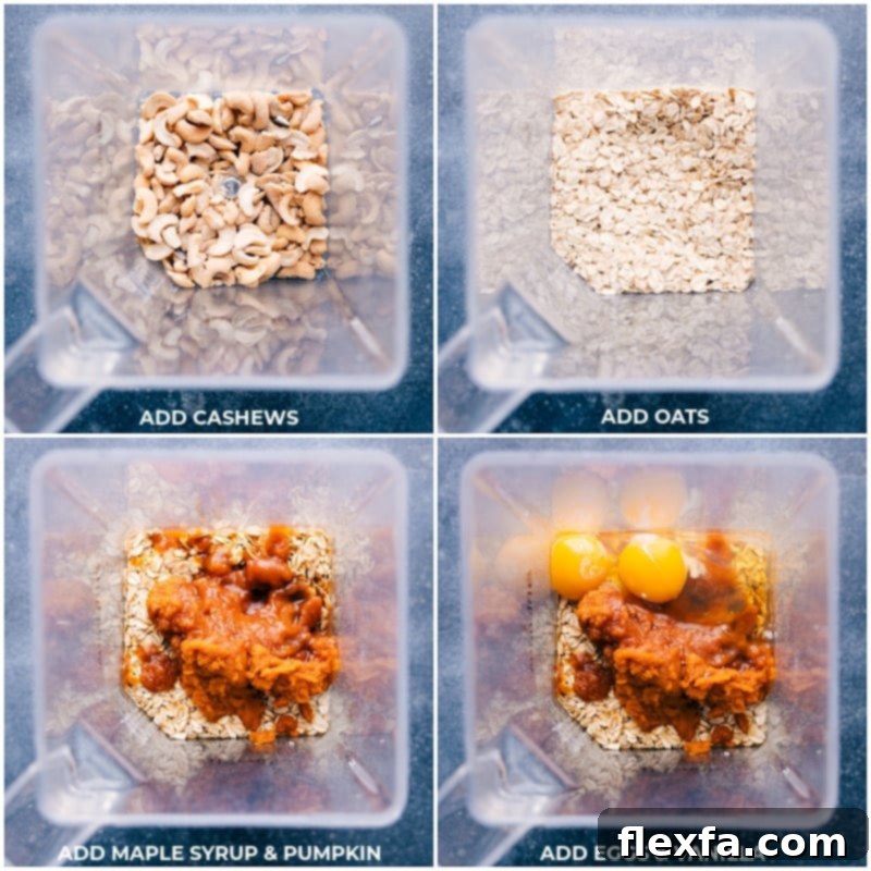 Step-by-step process showing cashews, oats, maple syrup, pumpkin, eggs, and vanilla being added to a high-speed blender for healthy pumpkin cake.
