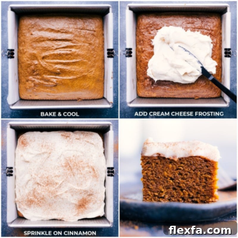 Freshly baked healthy pumpkin cake cooling in the pan, followed by an image of rich cream cheese frosting being spread on top.