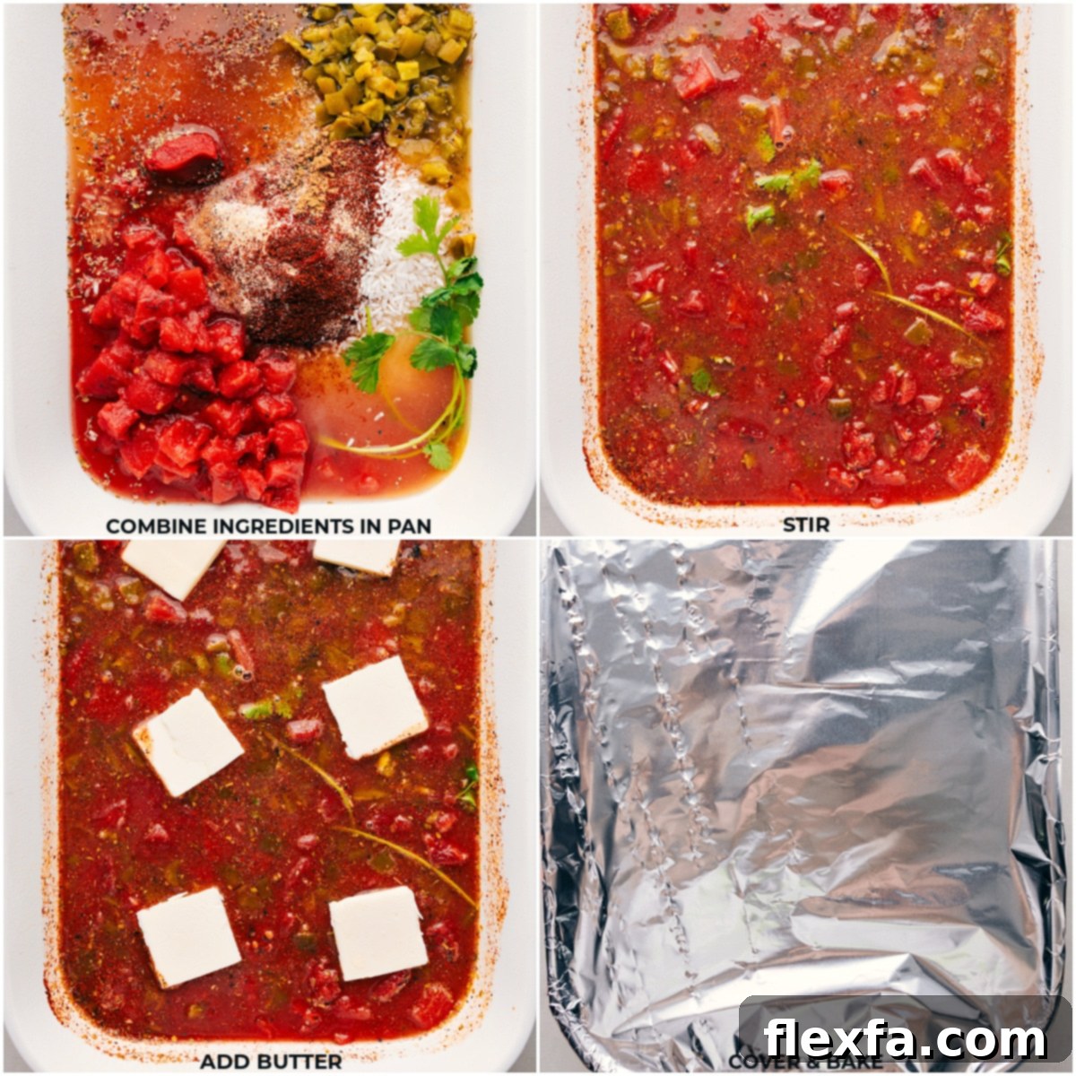 Assembled Quick And Simple Baked Mexican Rice Recipe Ready for Baking A baking dish filled with all the raw ingredients for the Mexican Rice Recipe, including rice, tomatoes, broth, spices, and butter slices placed strategically on top, before being placed into the oven to bake. The vibrant colors of the ingredients are clearly visible.