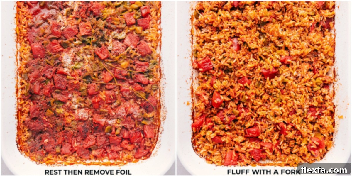 One Pan Fluffy Baked Mexican Rice A fork gently fluffing the freshly baked Mexican Rice directly in the ceramic baking dish, showcasing its perfect, airy texture, separate grains, and vibrant color just after being removed from the oven and rested.