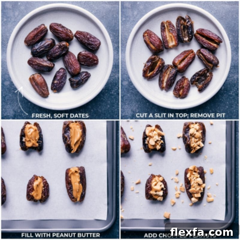 Crafting Chocolate Covered Dates: The best snack, treat, or dessert. This recipe from ChelseasMessyApron ensures a wholesome indulgence. #snack #quick #easy #yummy #fresh #cleaneating #healthy #wholefoods #peanutbutter #chocolate #covered #dates Process shots demonstrating how to prepare chocolate-covered dates, showing dates being cut open and filled with peanut butter and chopped peanuts.