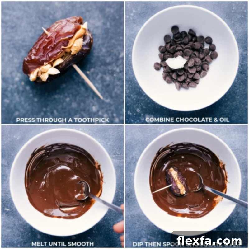 Simple Steps to Delicious Chocolate-Covered Dates! These indulgent-tasting treats, crafted with wholesome ingredients, promise to satisfy your sweet cravings without any sugar crash. Recipe by ChelseasMessyApron. #snack #quick #easy #yummy #fresh #cleaneating #healthy #wholefoods #peanutbutter #chocolate #covered #dates Process shots of Chocolate-Covered Dates, showing dates being pressed with a toothpick and then dipped into rich dark chocolate.