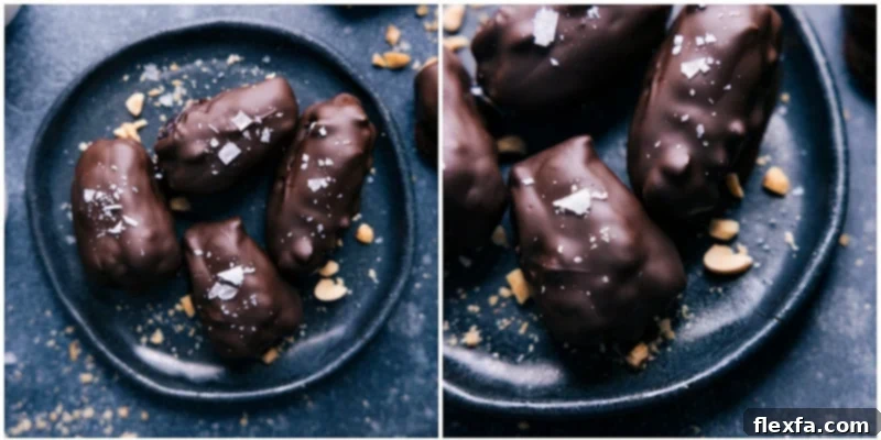 The ultimate Chocolate-Covered Dates: A truly satisfying and wholesome snack! These indulgent treats, courtesy of ChelseasMessyApron, banish sugar hangovers. #snack #quick #easy #yummy #fresh #cleaneating #healthy #wholefoods #peanutbutter #chocolate #covered #dates An overhead shot of an elegant plate displaying several perfectly coated chocolate-covered dates.