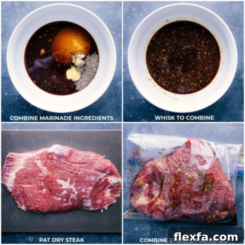 Process images showing the ingredients for the steak marinade being mixed in a bowl, followed by the flank steak being added to a resealable bag with the marinade, ready for tenderizing.