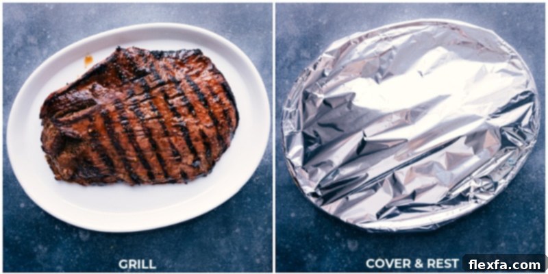 Process images showing a flank steak sizzling on a hot grill, followed by the grilled steak resting on a cutting board, tented with aluminum foil to lock in juices.