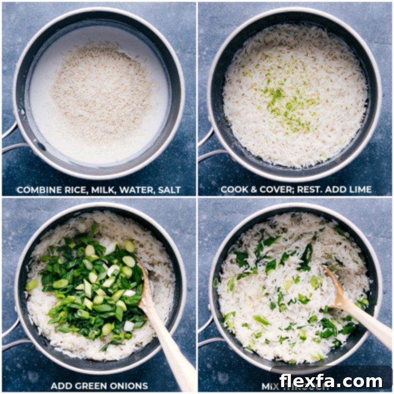 Process images showing various ingredients for coconut-lime rice: cooked basmati rice, a can of coconut milk, fresh limes, and chopped green onions being combined to create the flavorful side dish.