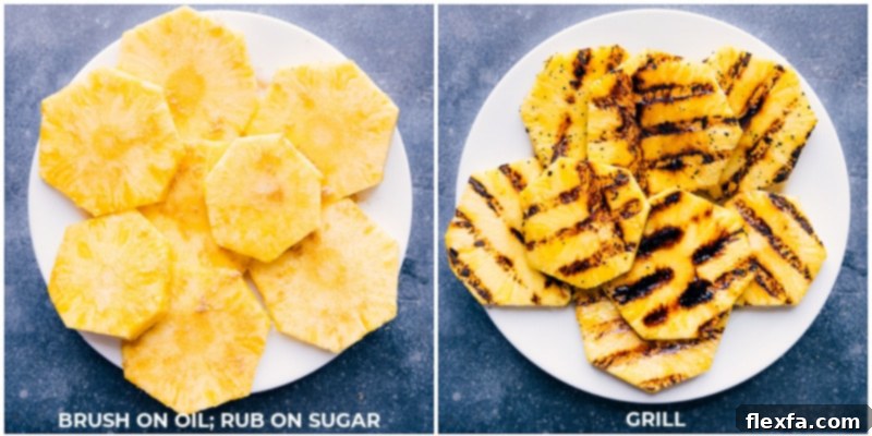 Process images showing thick slices of fresh pineapple being placed on a hot grill, sizzling as they develop beautiful char marks, ready to be caramelized to perfection.