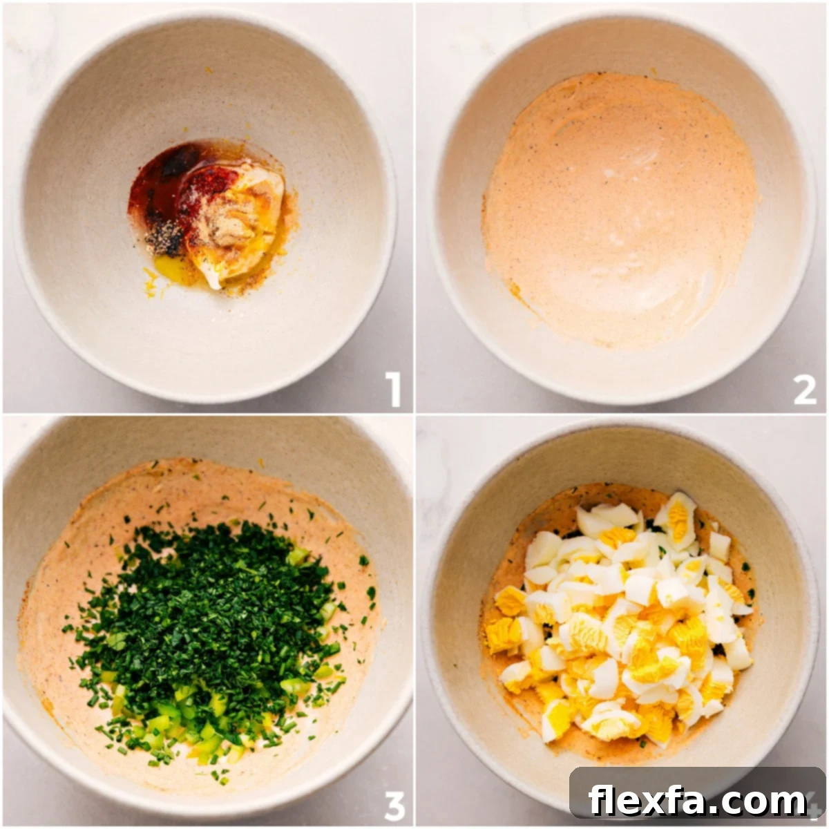 The process of mixing the creamy sauce, then gently folding in fresh herbs and perfectly chopped eggs to create a delicious egg salad.