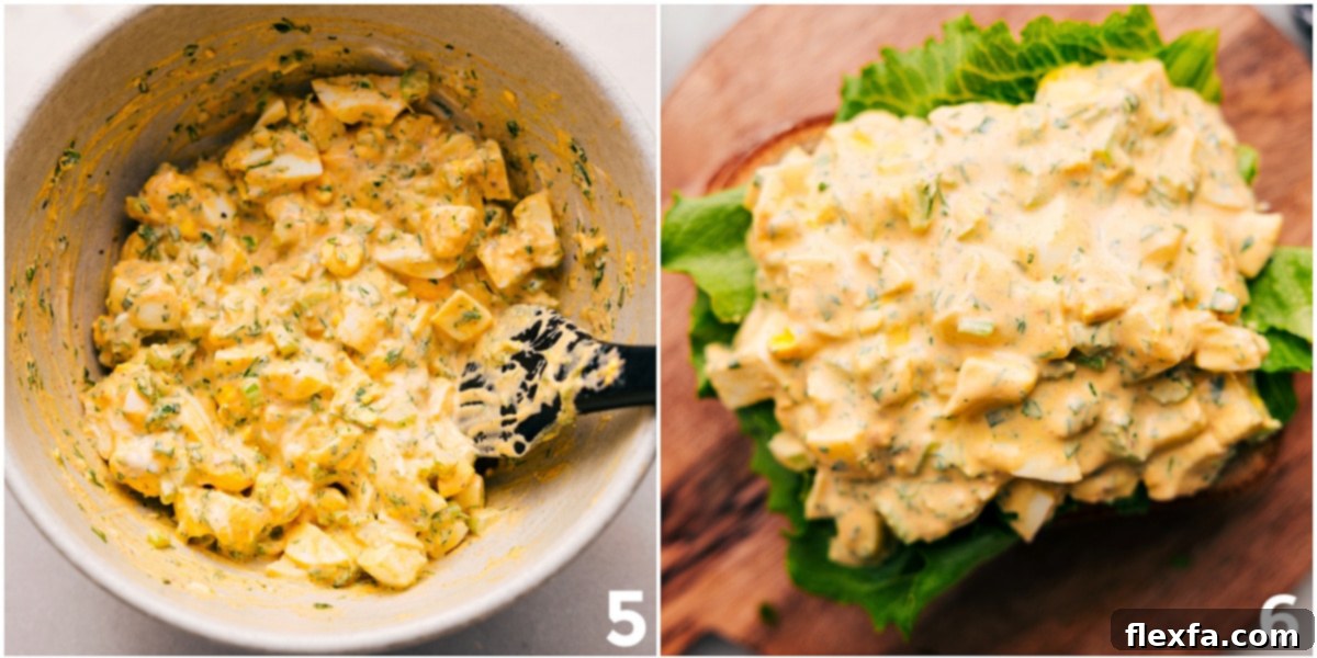 Delicious egg salad mixture generously topped on fresh bread, creating an appetizing and high-protein lunch.