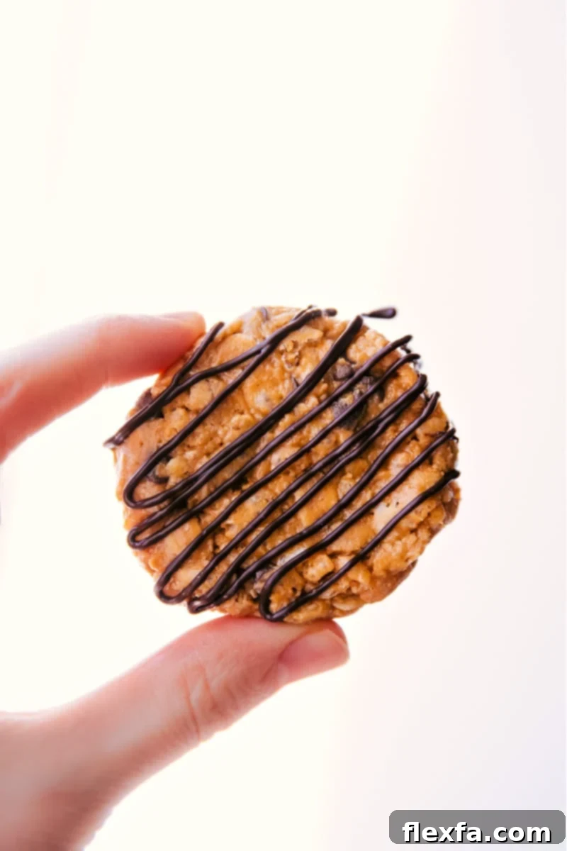 Irresistible No-Bake Healthy Breakfast Cookies with an optional chocolate drizzle, perfect for a quick, wholesome breakfast or snack.